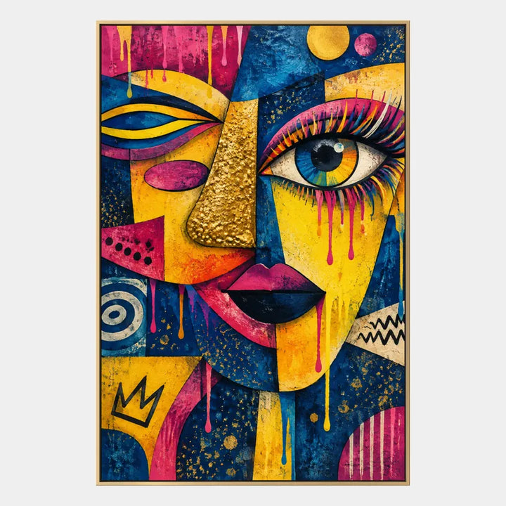 Peinture à l'huile de portraits et de figures pop représentant une figure ou un portrait expressif rendu avec des détails picturaux dans une palette bleue.