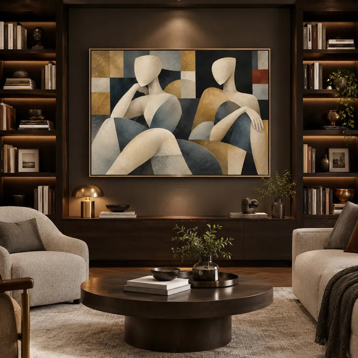 Peinture à l'huile de portraits et de figures pop représentant une figure ou un portrait expressif rendu avec des détails picturaux dans une palette beige.