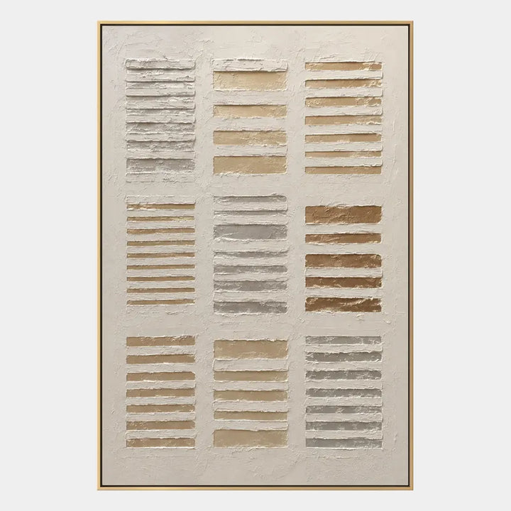 Pittura a olio astratta e concettuale Wabi-Sabi con segni astratti stratificati, consistenza e movimento pittorico espressivo in una tavolozza beige.