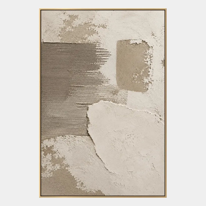 Pittura a olio astratta e concettuale Wabi-Sabi con segni astratti stratificati, consistenza e movimento pittorico espressivo in una tavolozza beige.