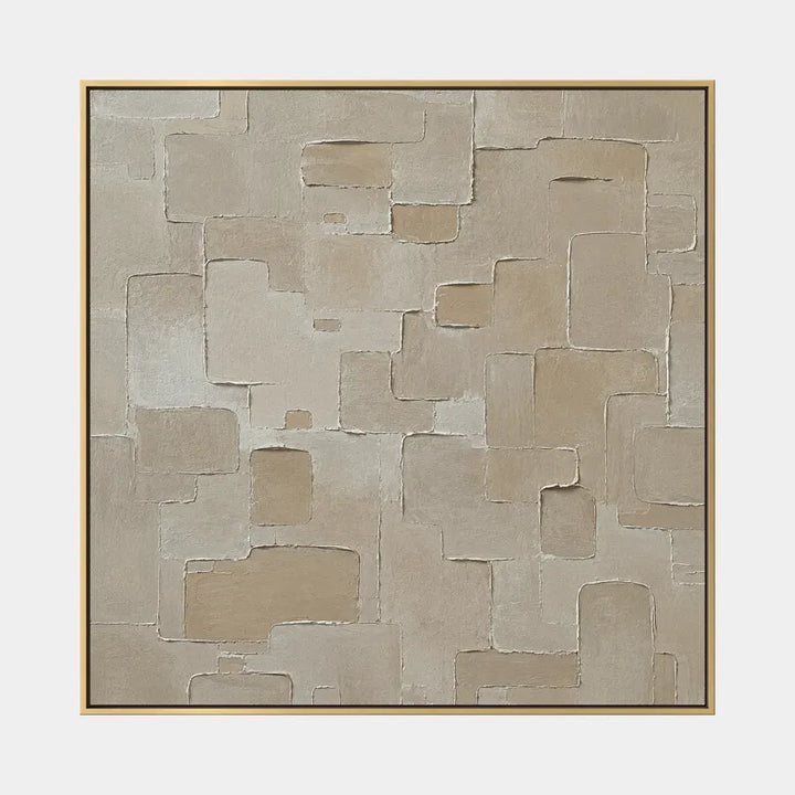 Pittura a olio astratta e concettuale Wabi-Sabi con segni astratti stratificati, consistenza e movimento pittorico espressivo in una tavolozza beige.