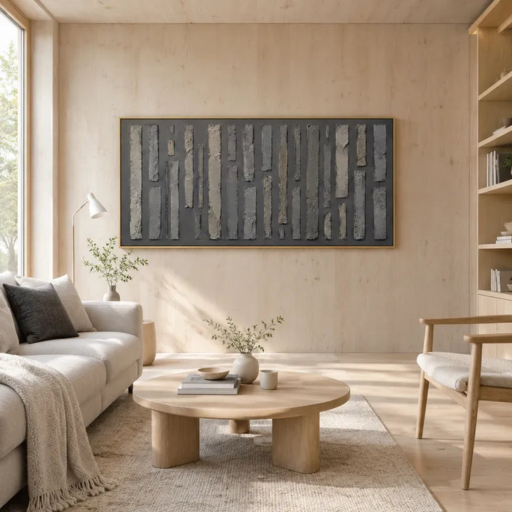 Pittura a olio astratta e concettuale Wabi-Sabi con segni astratti stratificati, consistenza e movimento pittorico espressivo in una tavolozza grigia.
