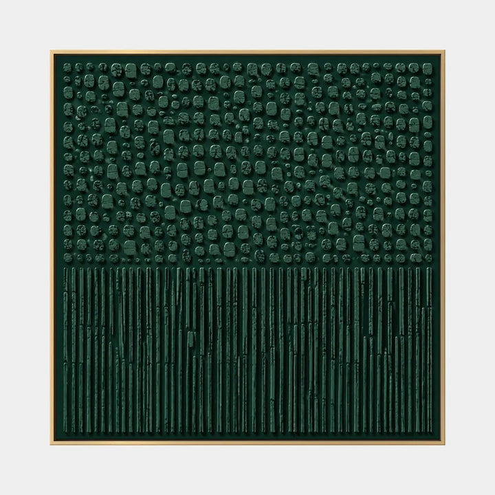 Pittura a olio astratta e concettuale Wabi-Sabi con segni astratti stratificati, consistenza e movimento pittorico espressivo in una tavolozza verde.
