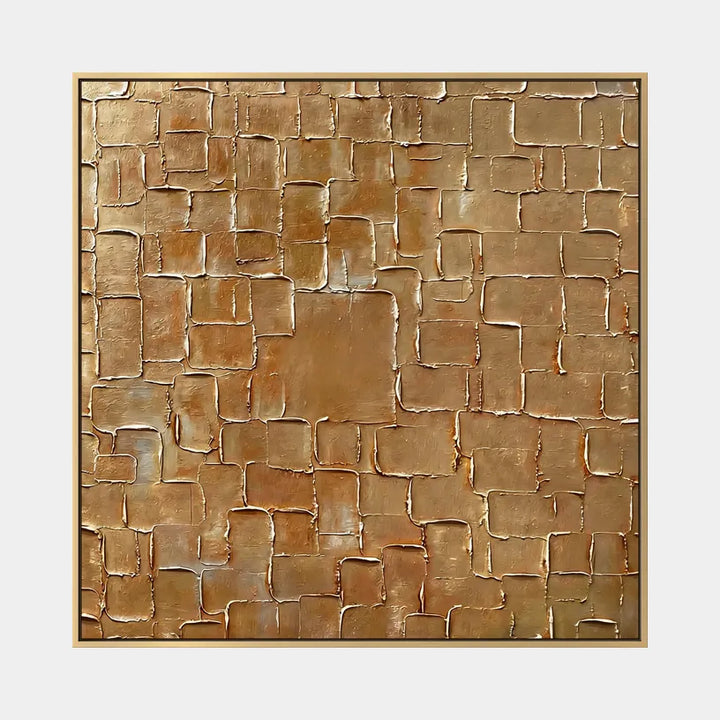 Pittura a olio astratta e concettuale Wabi-Sabi con segni astratti stratificati, consistenza e movimento pittorico espressivo in una tavolozza marrone.
