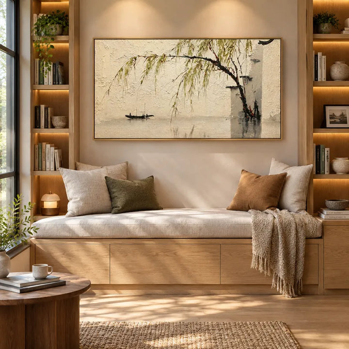 Pittura a olio floreale/botanica e naturale Wabi-Sabi con forme botaniche, fiori o elementi naturali in una composizione pittorica in una tavolozza beige.