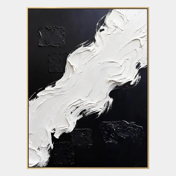Pittura a olio astratta e concettuale Wabi-Sabi con segni astratti stratificati, consistenza e movimento pittorico espressivo in una tavolozza in bianco e nero.
