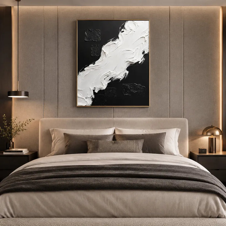 Pittura a olio astratta e concettuale Wabi-Sabi con segni astratti stratificati, consistenza e movimento pittorico espressivo in una tavolozza in bianco e nero.