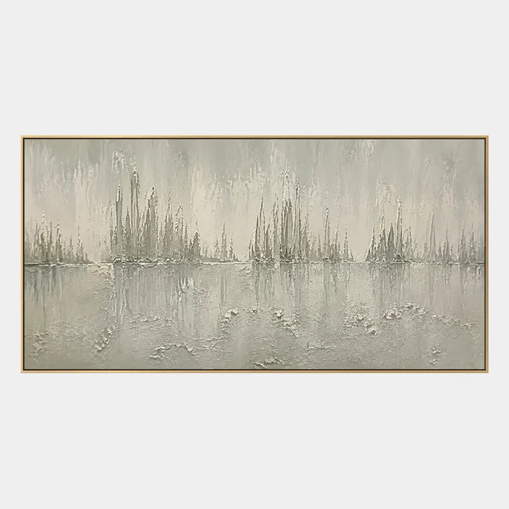 Pittura a olio di paesaggi Wabi-Sabi, paesaggi marini e paesaggi urbani con un paesaggio atmosferico, un paesaggio marino o una composizione ispirata alla città in una tavolozza di grigi.