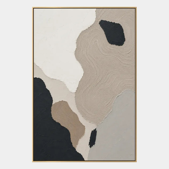 Pittura a olio astratta e concettuale Wabi-Sabi con segni astratti stratificati, consistenza e movimento pittorico espressivo in una tavolozza beige.