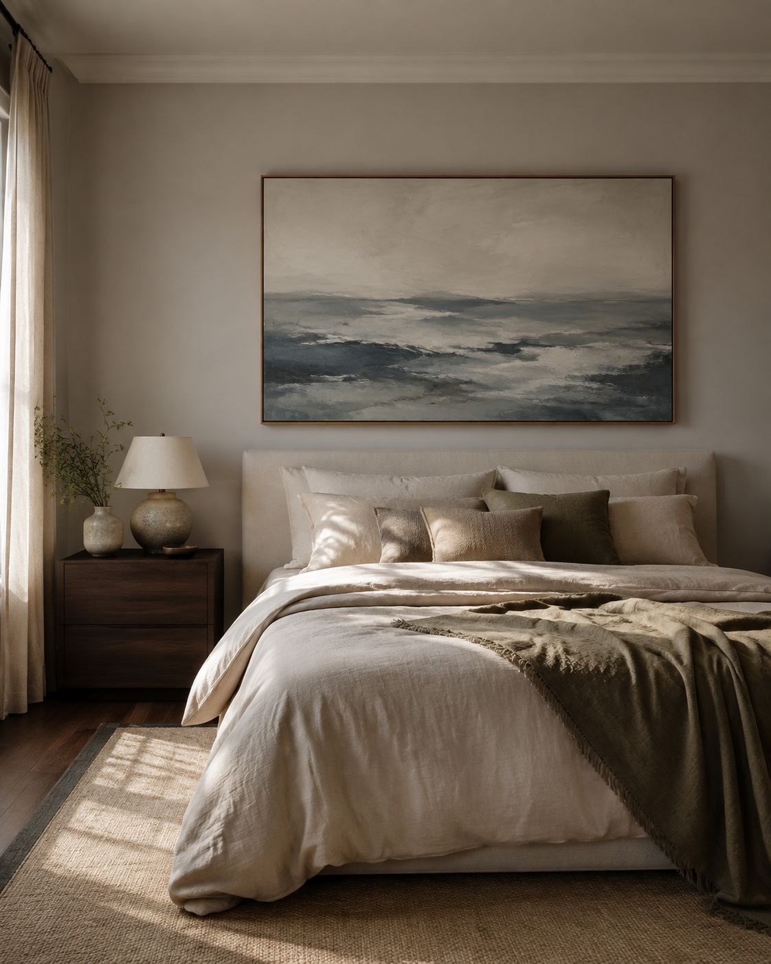 Illustrative bedroom with a large framed painting above a bed
