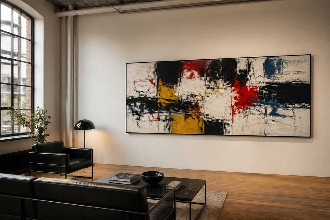 Large abstract expressionist painting with generous negative space in a creative studio lounge