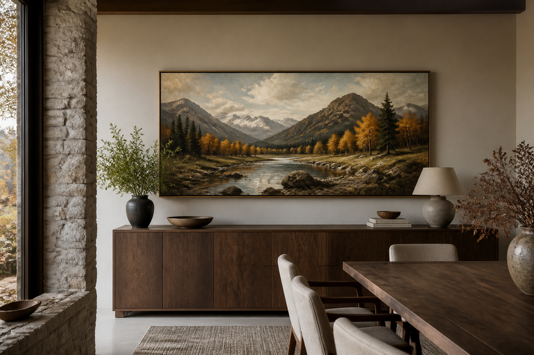Panoramic autumn mountain landscape above a dark wood sideboard in a dining room