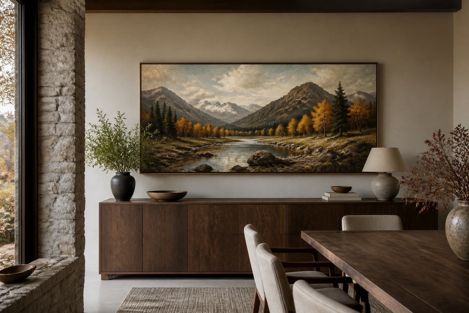 Panoramic autumn mountain landscape above a dark wood sideboard in a dining room