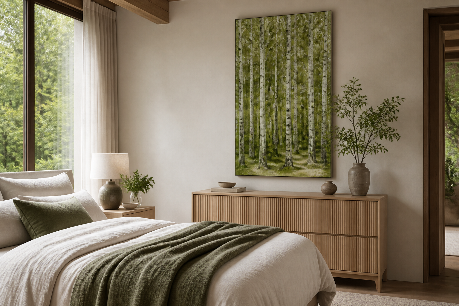 Vertical green birch forest painting above a bedroom dresser