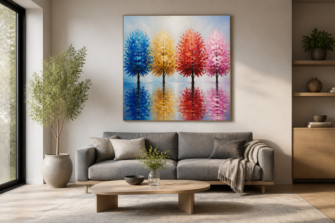 Colorful blossom tree painting hung above a neutral sofa in a contemporary living room