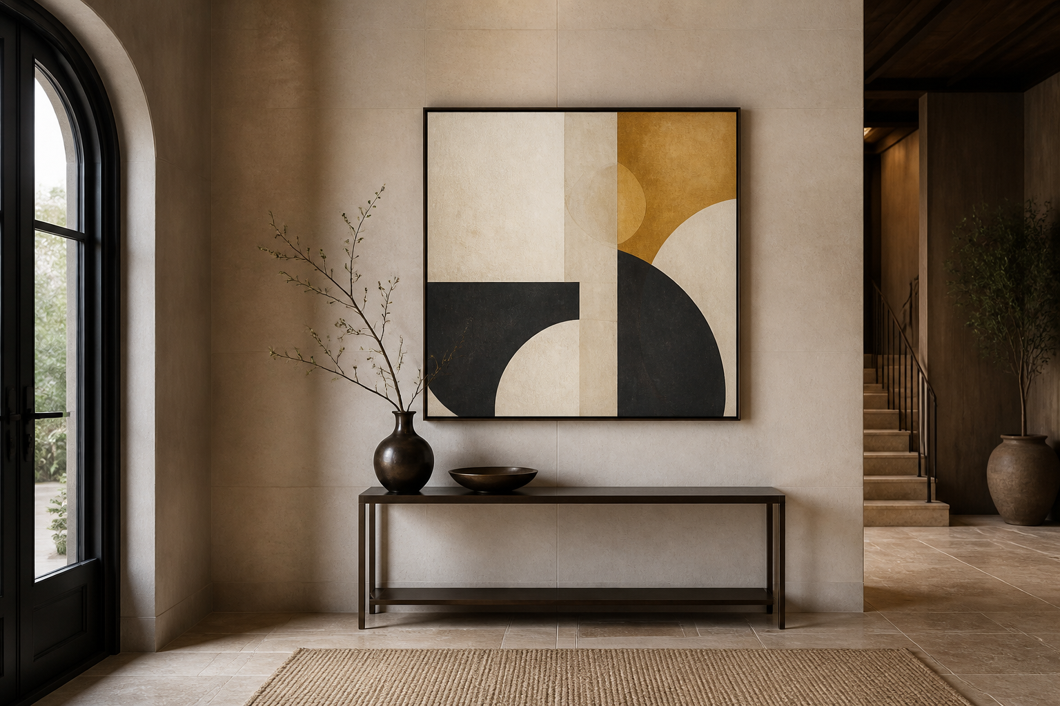 Minimal geometric artwork centered above a slim console in a refined entryway