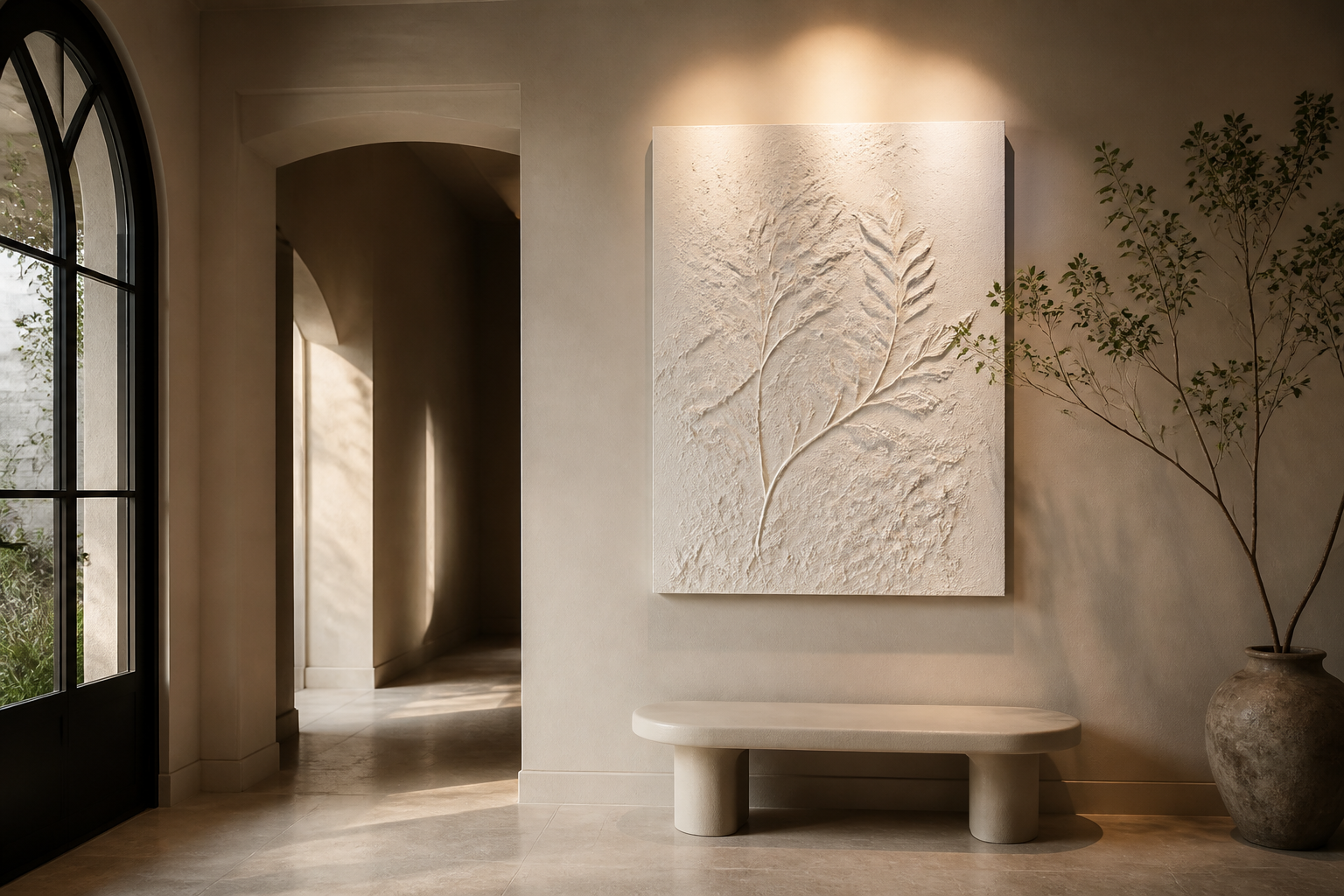 White botanical plaster relief artwork lit by grazing light in a luxury foyer