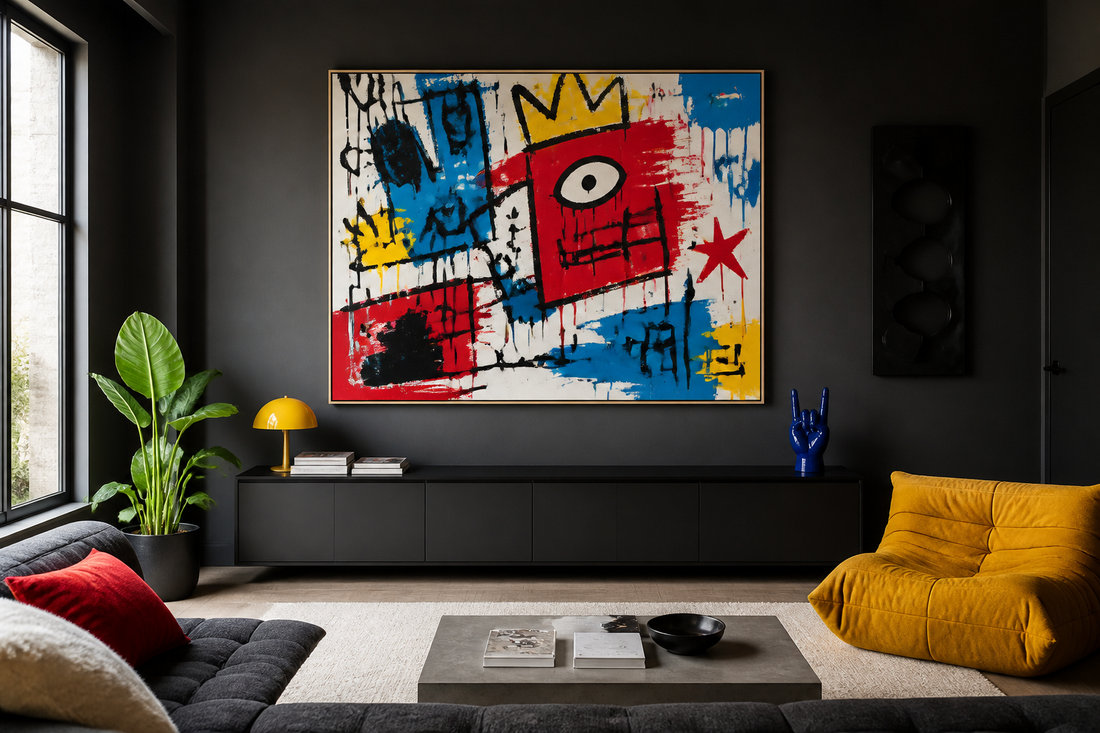 Bold red blue and yellow pop graffiti painting above a dark media room credenza