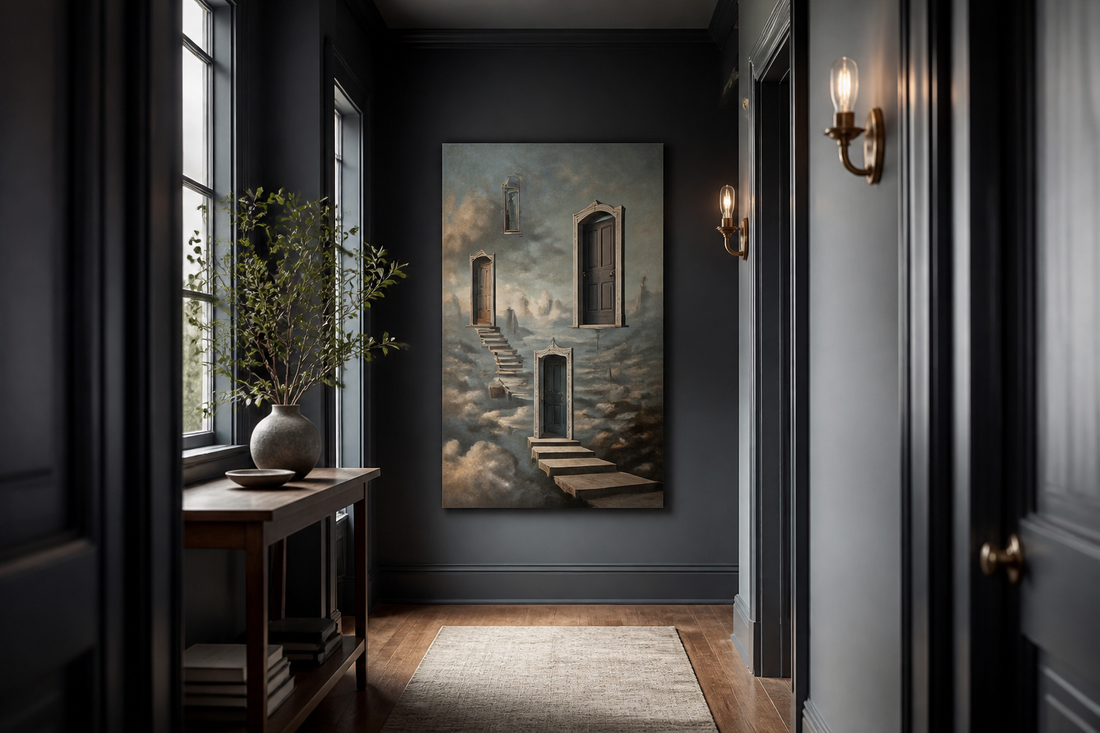 Surreal floating doorway artwork placed at the end of a dark refined hallway