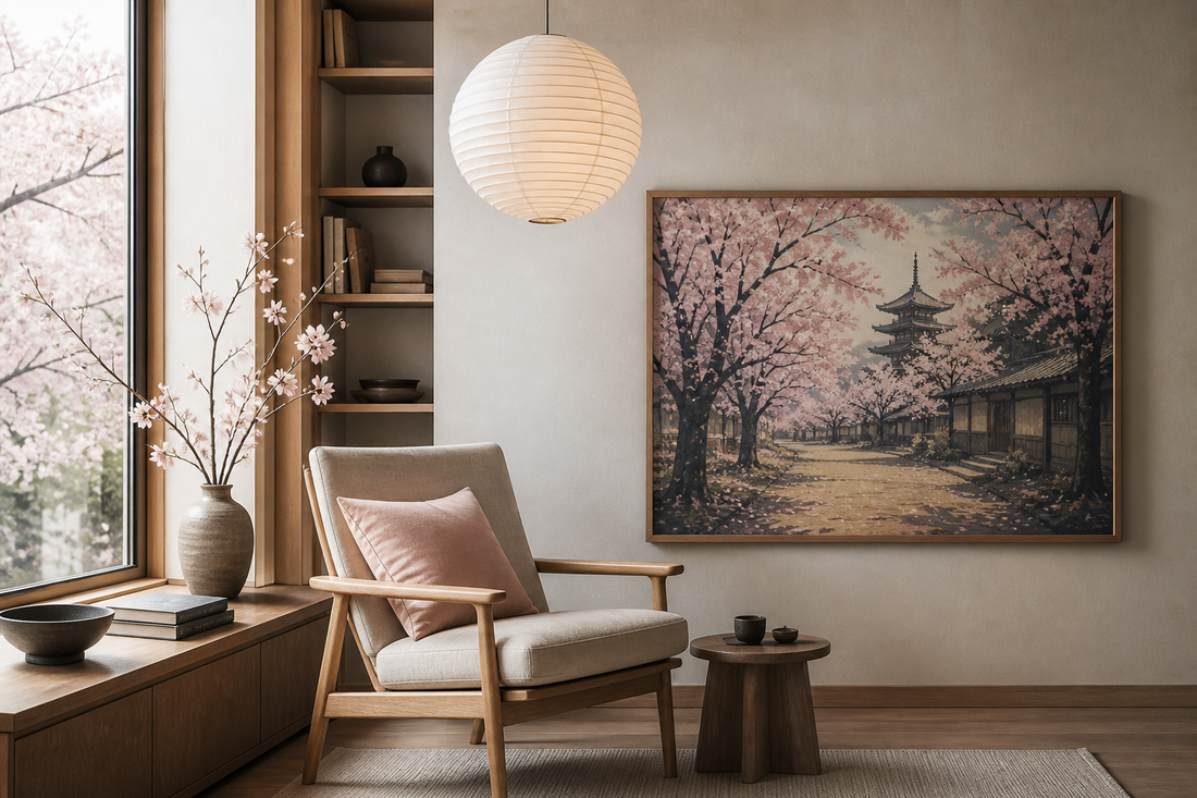 Ukiyo-e cherry blossom artwork positioned beside a reading chair in a quiet interior