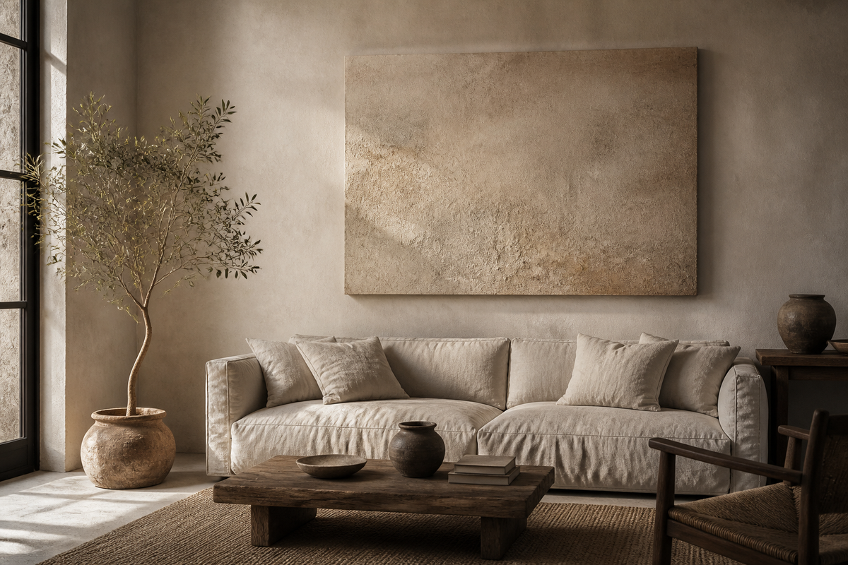 Large neutral textured Wabi-Sabi artwork above a relaxed linen sofa