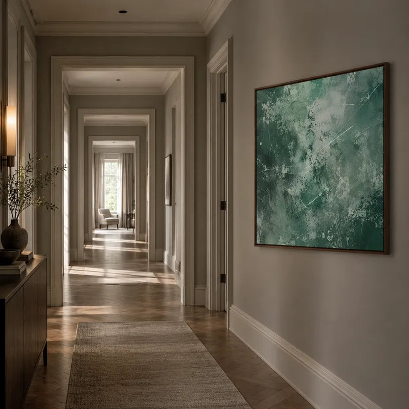 Espressionismo astratto Pittura a olio astratta e concettuale con segni astratti stratificati, consistenza e movimento pittorico espressivo in una tavolozza verde.