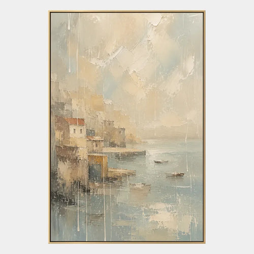 Abstract Expressionist landscapes & seascapes & cityscapes oil painting showing a quiet island lake with soft blue reflections in a blue palette, contemporary wall art.