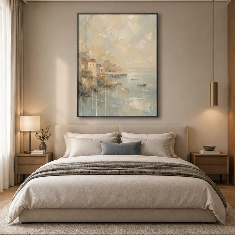 Peinture à l'huile de paysages, de marines et de paysages urbains d'expressionnisme abstrait présentant un paysage atmosphérique, un paysage marin ou une composition inspirée de la ville dans une palette beige.