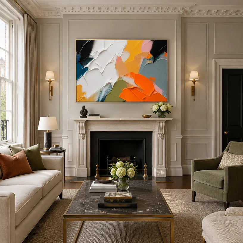 Abstract Expressionist abstract oil painting showing white and orange impasto with strong black accents in a orange palette, contemporary wall art.