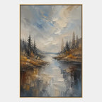 Abstract Expressionist landscapes & seascapes & cityscapes oil painting showing a wooded river path in warm earthy tones in a brown palette, contemporary wall art.