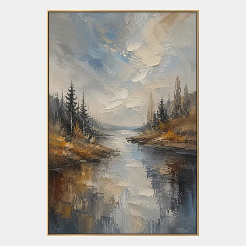 Abstract Expressionist landscapes & seascapes & cityscapes oil painting showing a wooded river path in warm earthy tones in a brown palette, contemporary wall art.