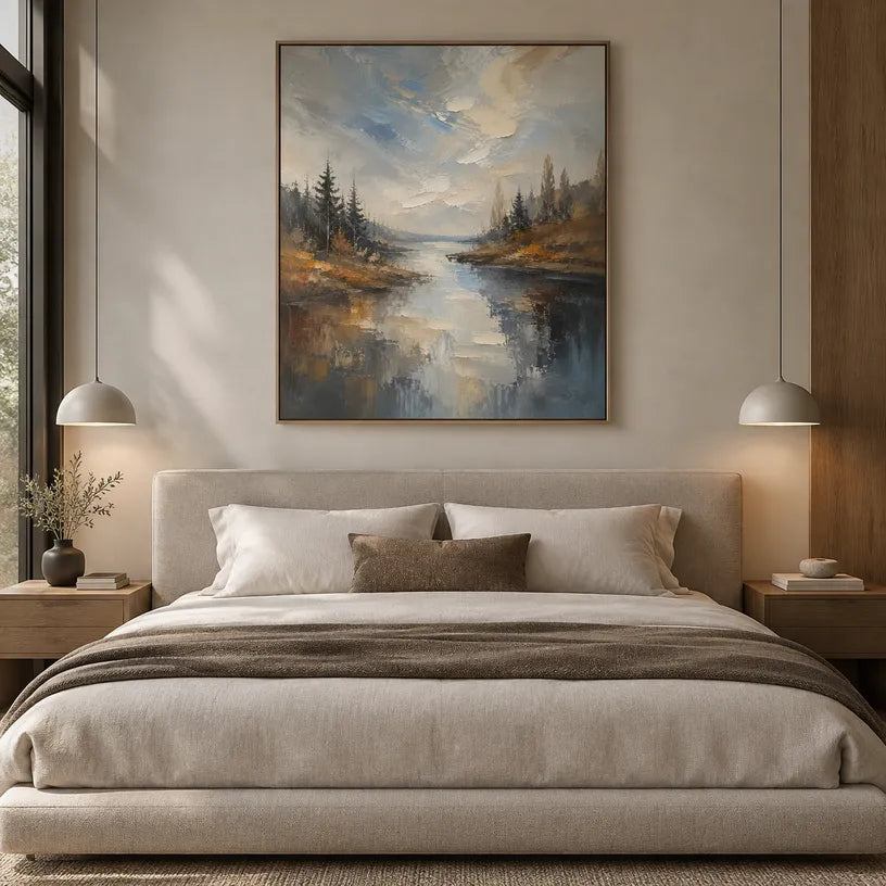 Abstract Expressionist landscapes & seascapes & cityscapes oil painting showing a wooded river path in warm earthy tones in a brown palette, contemporary wall art.