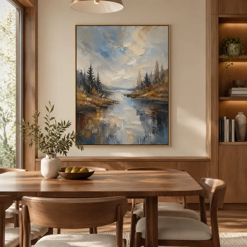 Abstract Expressionist landscapes & seascapes & cityscapes oil painting showing a wooded river path in warm earthy tones in a brown palette, contemporary wall art.