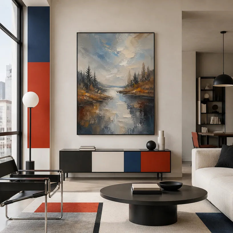 Abstract Expressionist landscapes & seascapes & cityscapes oil painting showing a wooded river path in warm earthy tones in a brown palette, contemporary wall art.
