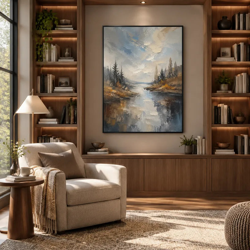 Abstract Expressionist landscapes & seascapes & cityscapes oil painting showing a wooded river path in warm earthy tones in a brown palette, contemporary wall art.