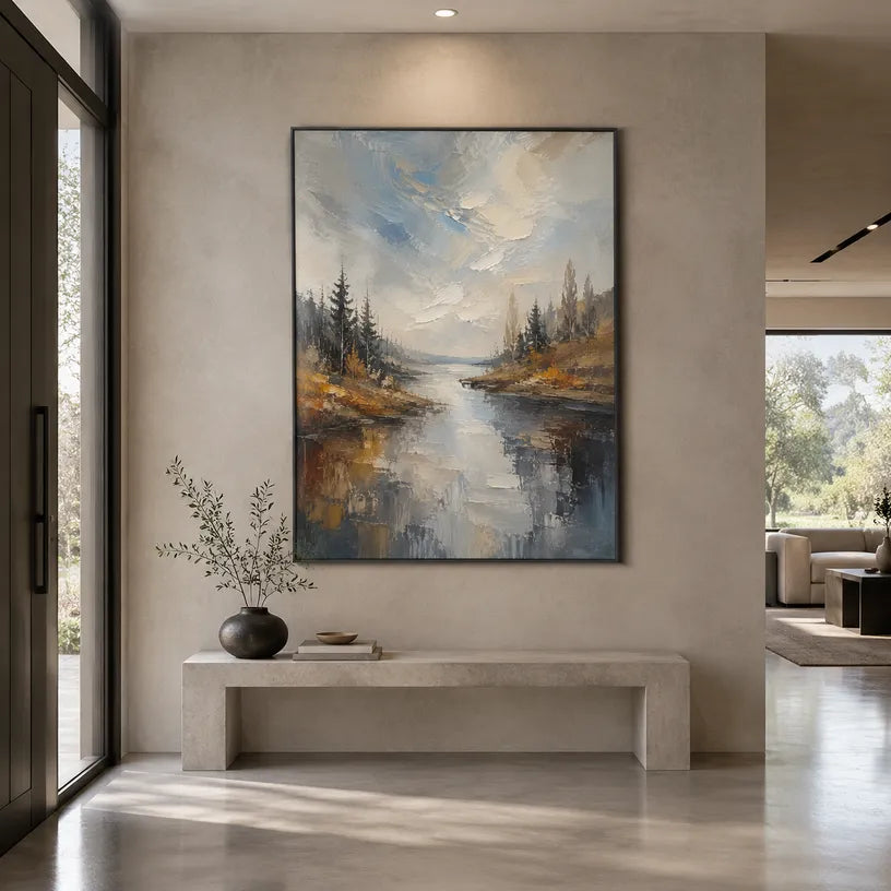 Abstract Expressionist landscapes & seascapes & cityscapes oil painting showing a wooded river path in warm earthy tones in a brown palette, contemporary wall art.