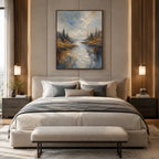 Abstract Expressionist landscapes & seascapes & cityscapes oil painting showing a wooded river path in warm earthy tones in a brown palette, contemporary wall art.