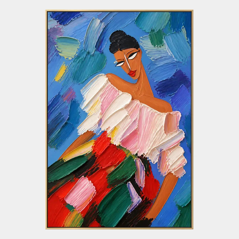 Abstract Expressionist portraiture & figure oil painting showing a colorful expressive seated figure against blue in a blue palette, contemporary wall art.