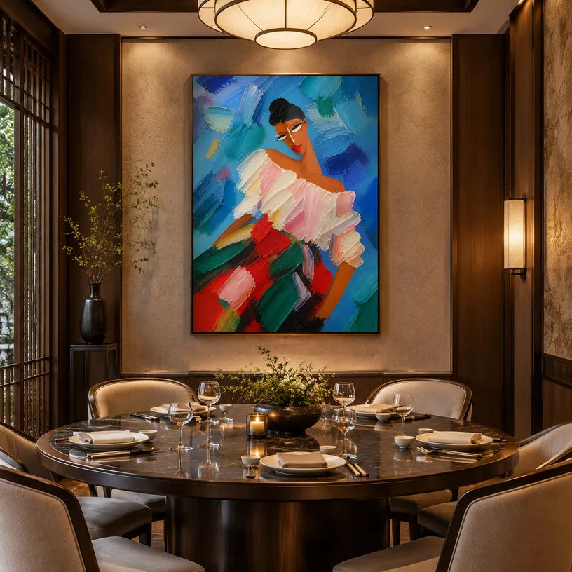 Abstract Expressionist portraiture & figure oil painting showing a colorful expressive seated figure against blue in a blue palette, contemporary wall art.