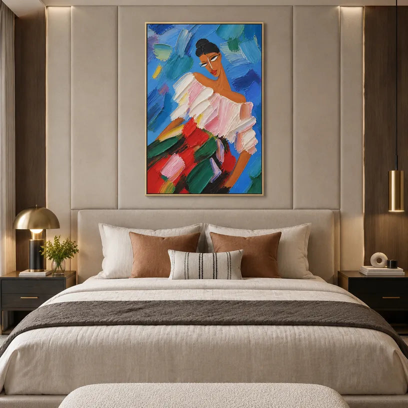 Abstract Expressionist portraiture & figure oil painting showing a colorful expressive seated figure against blue in a blue palette, contemporary wall art.