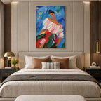 Abstract Expressionist portraiture & figure oil painting showing a colorful expressive seated figure against blue in a blue palette, contemporary wall art.