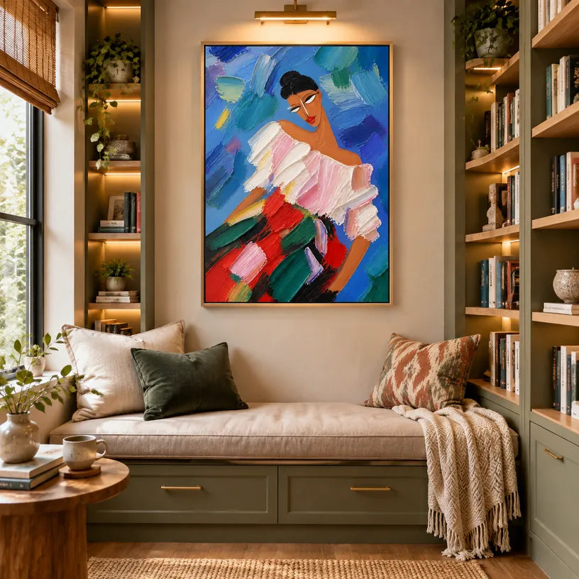 Abstract Expressionist portraiture & figure oil painting showing a colorful expressive seated figure against blue in a blue palette, contemporary wall art.