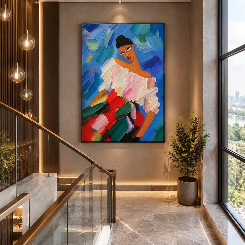 Abstract Expressionist portraiture & figure oil painting showing a colorful expressive seated figure against blue in a blue palette, contemporary wall art.