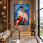 Abstract Expressionist portraiture & figure oil painting showing a colorful expressive seated figure against blue in a blue palette, contemporary wall art.
