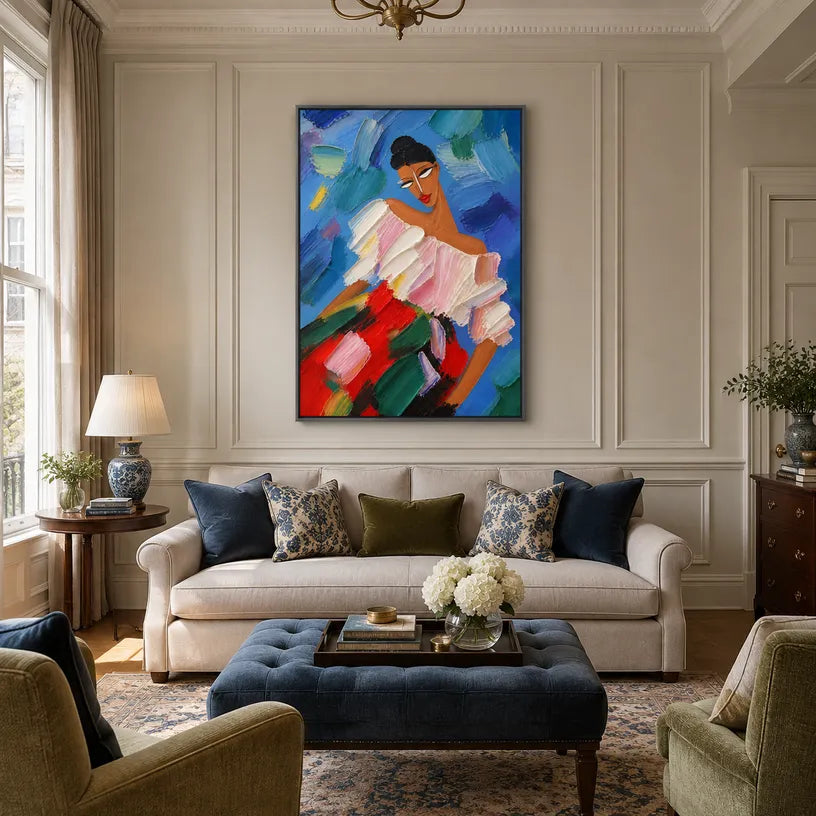 Abstract Expressionist portraiture & figure oil painting showing a colorful expressive seated figure against blue in a blue palette, contemporary wall art.