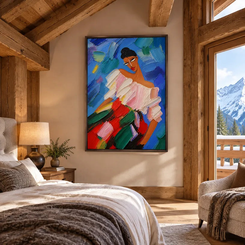 Abstract Expressionist portraiture & figure oil painting showing a colorful expressive seated figure against blue in a blue palette, contemporary wall art.