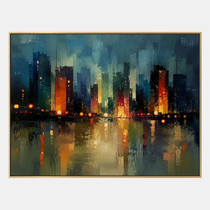 Abstract Expressionist landscapes & seascapes & cityscapes oil painting showing a stylized city skyline with reflective water and atmospheric light in a blue palette.
