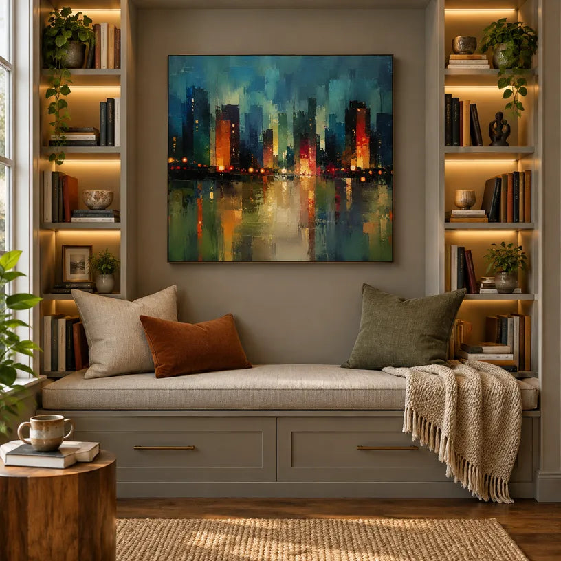 Abstract Expressionist landscapes & seascapes & cityscapes oil painting showing a stylized city skyline with reflective water and atmospheric light in a blue palette.