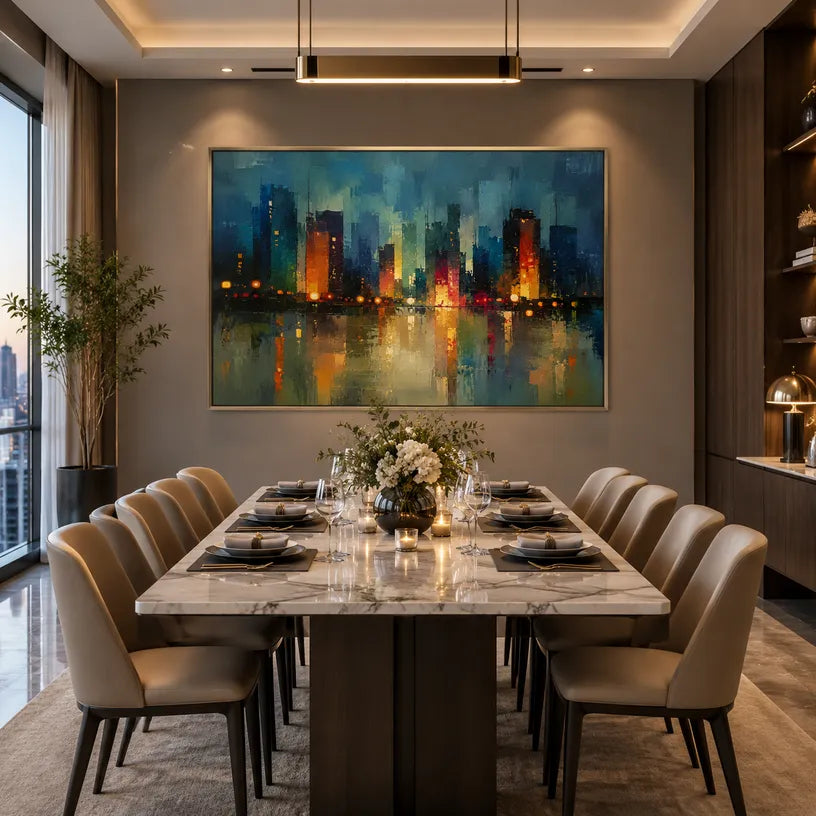 Abstract Expressionist landscapes & seascapes & cityscapes oil painting showing a stylized city skyline with reflective water and atmospheric light in a blue palette.