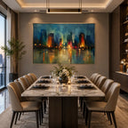 Abstract Expressionist landscapes & seascapes & cityscapes oil painting showing a stylized city skyline with reflective water and atmospheric light in a blue palette.